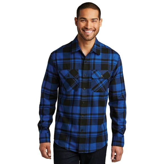 Port Authority Adult Male Men Checked Long Sleeves Shirt Royal/Black Small