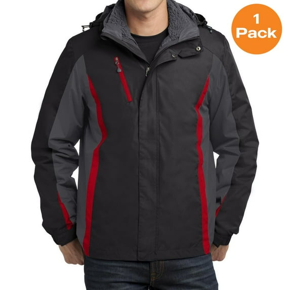 Port Authority J321 Colorblock 3-in-1 Jacket, Black/ Magnet Grey/ Signal Red, M, Mens Coats and Jackets
