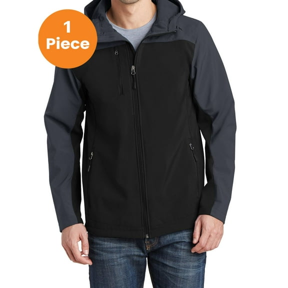 Port Authority J335 Hooded Core Soft Shell Jacket, Black/ Battleship Grey, XL, Mens Coats and Jackets