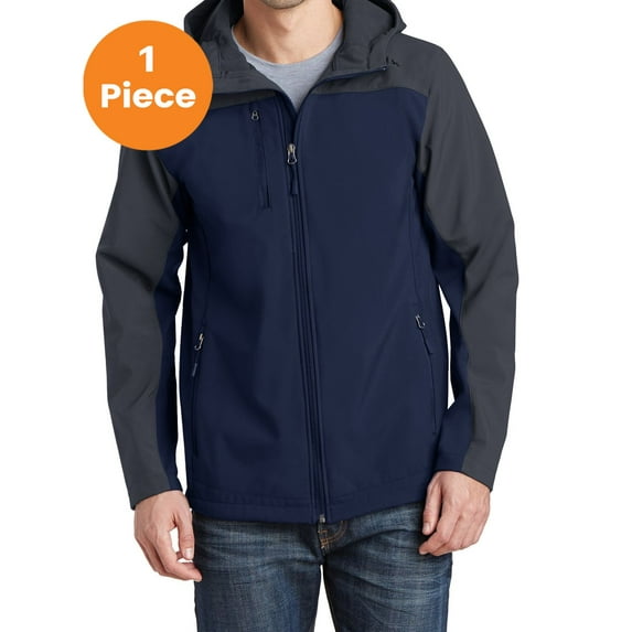 Port Authority J335 Hooded Core Soft Shell Jacket, Dress Blue Navy/ Battleship Grey, S, Mens Coats and Jackets