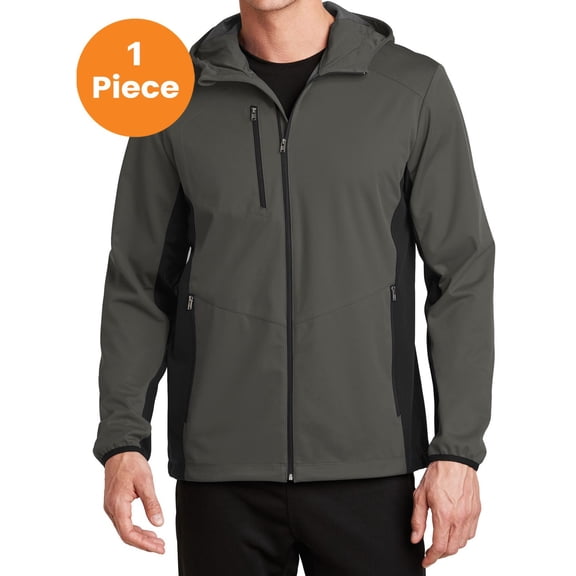 Port Authority J719 Active Hooded Soft Shell Jacket, Grey Steel/ Deep Black, S, Mens Coats and Jackets