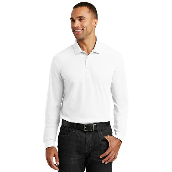 Port Authority K100LS Long Sleeve Core Classic Pique Polo, White, M