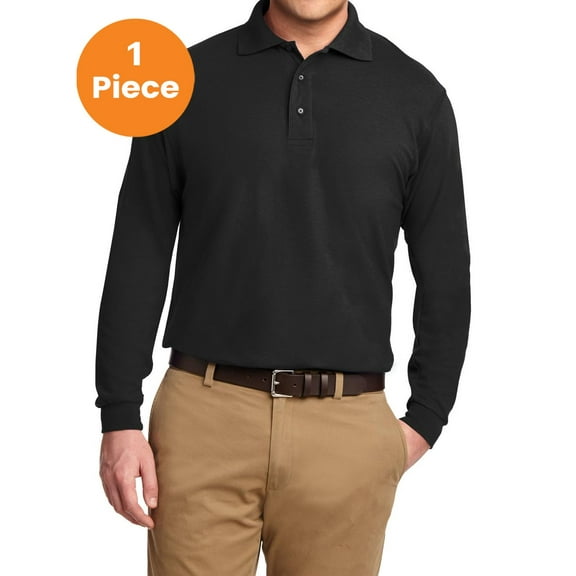 Port Authority K500LS Long Sleeve Silk Touch Polo, Black, S, Mens Polo Shirts