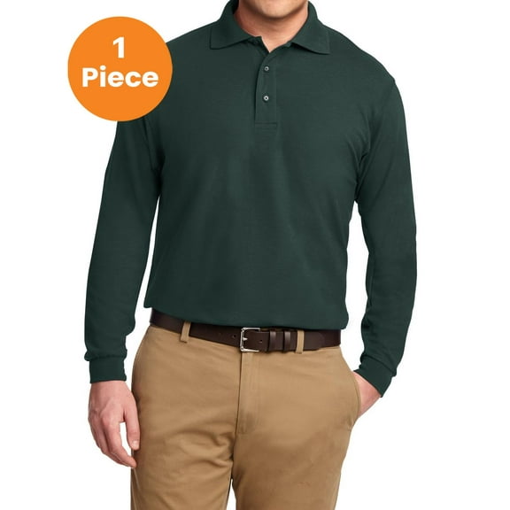 Port Authority K500LS Long Sleeve Silk Touch Polo, Dark Green, L, Mens Polo Shirts