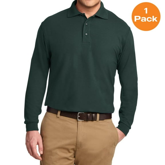 Port Authority K500LS Long Sleeve Silk Touch Polo, Dark Green, M, Mens Polo Shirts