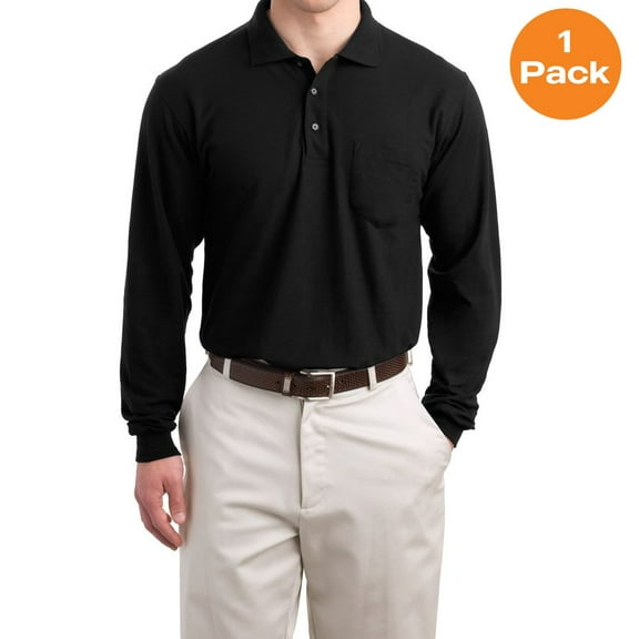 Port Authority K500LSP Long Sleeve Silk Touch Polo with Pocket, Black, 4XL, Mens Polo Shirts