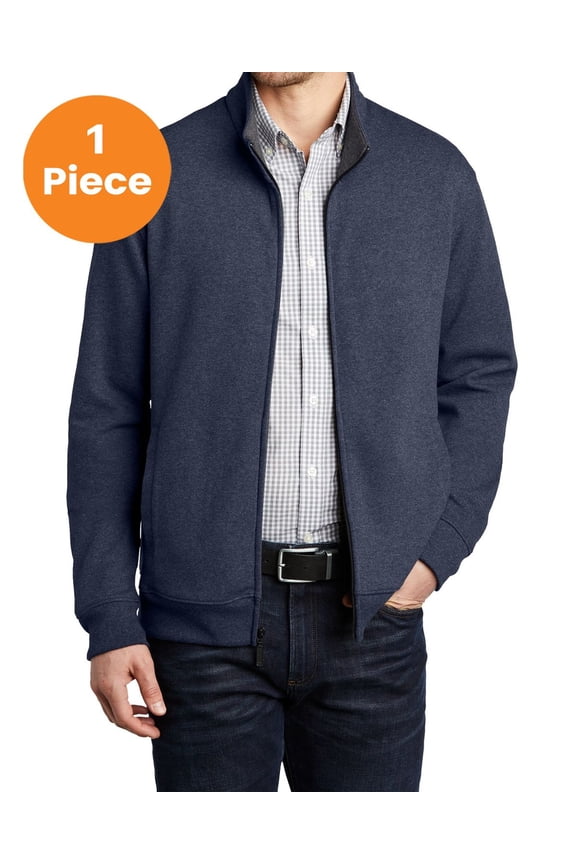 K809 Interlock Full-Zip Jacket, Estate Blue Heather/ Charcoal Heather, L, Men's Athletic Sweatshirts