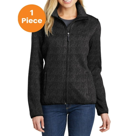 Port Authority L232 Ladies Sweater Fleece Jacket , Black Heather, XS, Womens Fleece Jackets