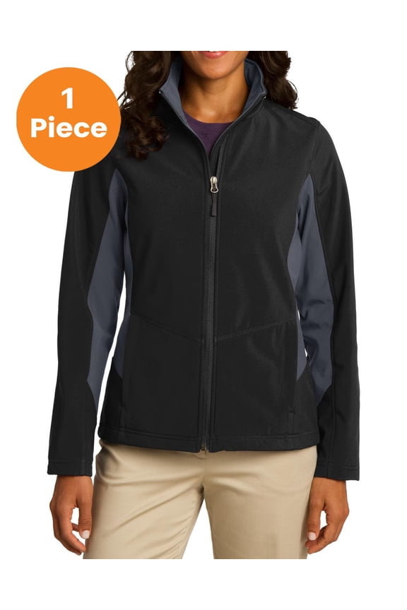 L318 Ladies Core Colorblock Soft Shell Jacket , Black/ Battleship Grey, 4XL, Womens Fleece Jackets