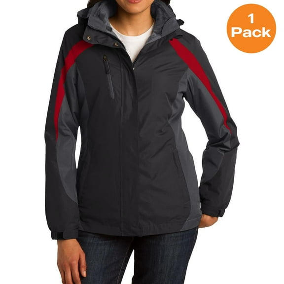 Port Authority L321 Ladies Colorblock 3-in-1 Jacket, Black/ Magnet Grey/ Signal Red, M, Womens Winter Coats