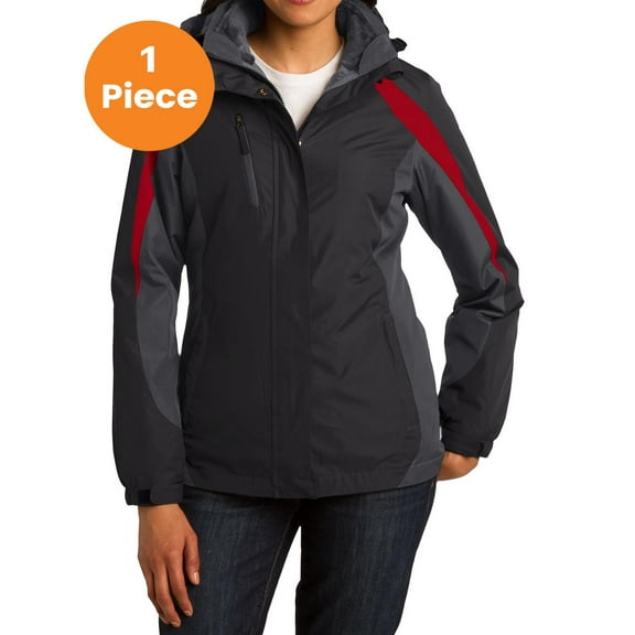 Port Authority L321 Ladies Colorblock 3-in-1 Jacket, Black/ Magnet Grey/ Signal Red, XL, Womens Winter Coats