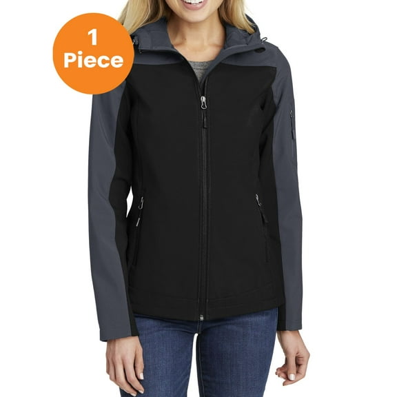Port Authority L335 Ladies Hooded Core Soft Shell Jacket, Black/ Battleship Grey, M, Womens Rain Jackets