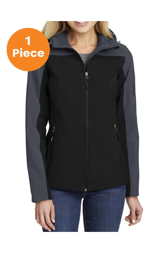 L335 Ladies Hooded Core Soft Shell Jacket, Black/ Battleship Grey, S, Womens Coats