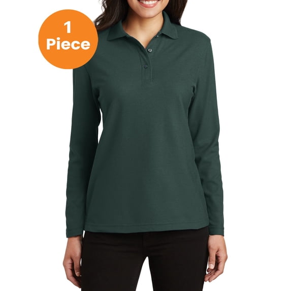 Port Authority L500LS Ladies Long Sleeve Silk Touch Polo , Dark Green, L, Womens Polo Shirts