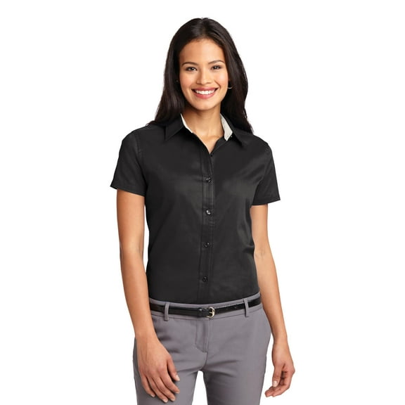 Port Authority L508 Ladies Short Sleeve Easy Care Shirt, Black/Light Stone, 3XL