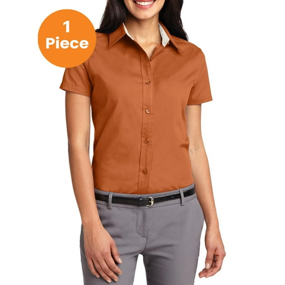 Port Authority L508 Ladies Short Sleeve Easy Care Shirt, Texas Orange/Light Stone, 4XL, Womens Button Down Shirts