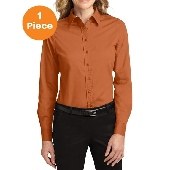 Port Authority L608 Ladies Long Sleeve Easy Care Shirt, Texas Orange/Light Stone, XS, Women'c Dress Shirt