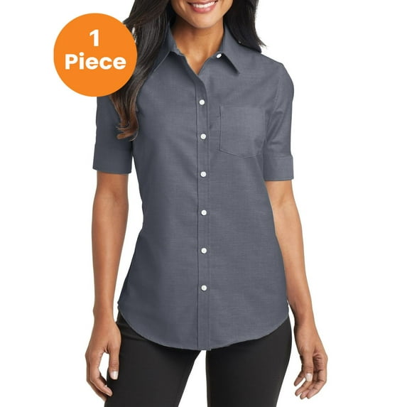 Port Authority L659 Ladies Short Sleeve SuperPro Oxford Shirt, Black, M, Womens Button Down Shirts