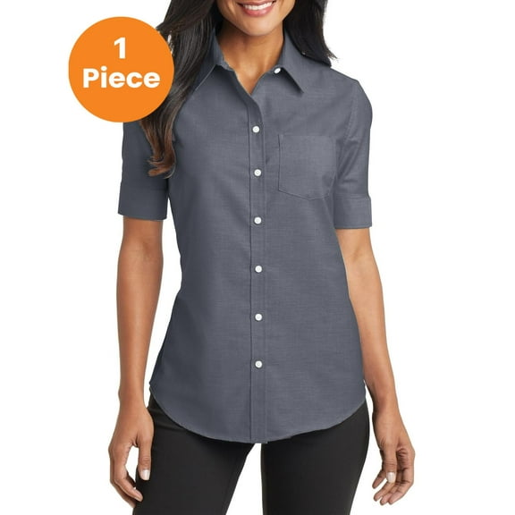 Port Authority L659 Ladies Short Sleeve SuperPro Oxford Shirt, Black, S, Womens Button Down Shirts