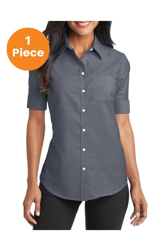 L659 Ladies Short Sleeve SuperPro Oxford Shirt, Black, XS, Womens Button Down Shirts