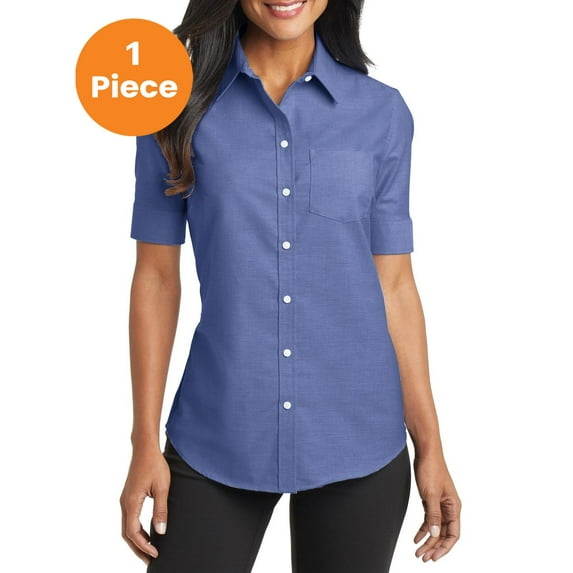 Port Authority L659 Ladies Short Sleeve SuperPro Oxford Shirt, Navy, L, Womens Button Down Shirts