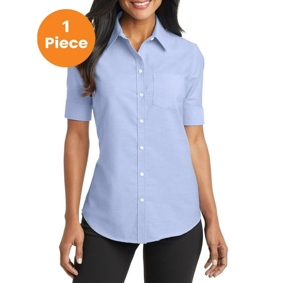 Port Authority L659 Ladies Short Sleeve SuperPro Oxford Shirt, Oxford Blue, XL, Womens Button Down Shirts