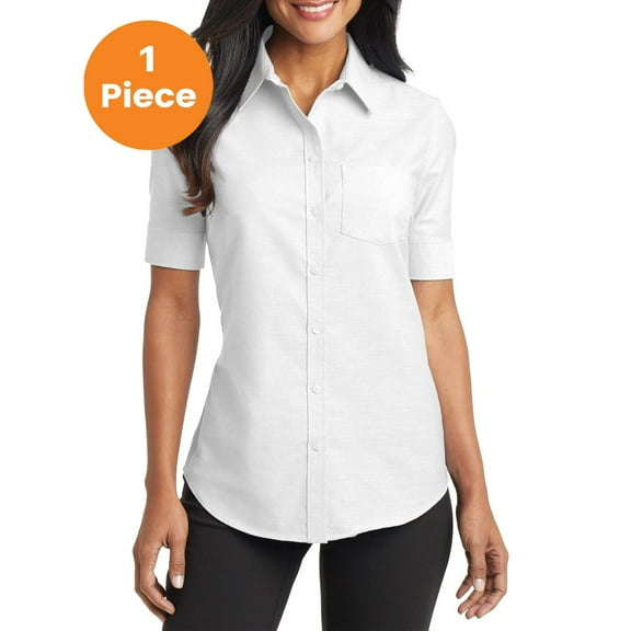 Port Authority L659 Ladies Short Sleeve SuperPro Oxford Shirt, White, XL, Womens Button Down Shirts