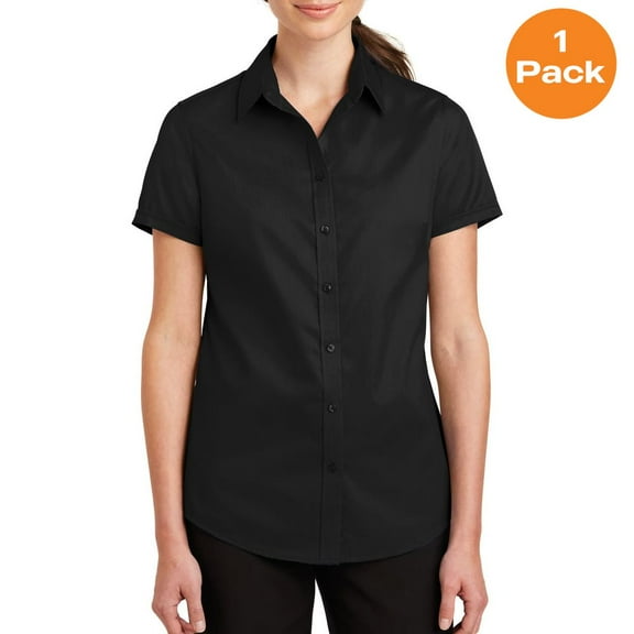 Port Authority L664 Ladies Short Sleeve SuperPro Twill Shirt , Black, 4XL, Womens Button Down Shirts