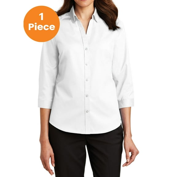 Port Authority L665 Ladies 3/4 Sleeve SuperPro Twill Shirt, White, XL, Women'a Dress Shirt