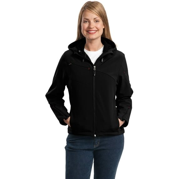 Port Authority L706 Ladies Textured Hooded Soft Shell Jacket, Black/Engine Red, XXL