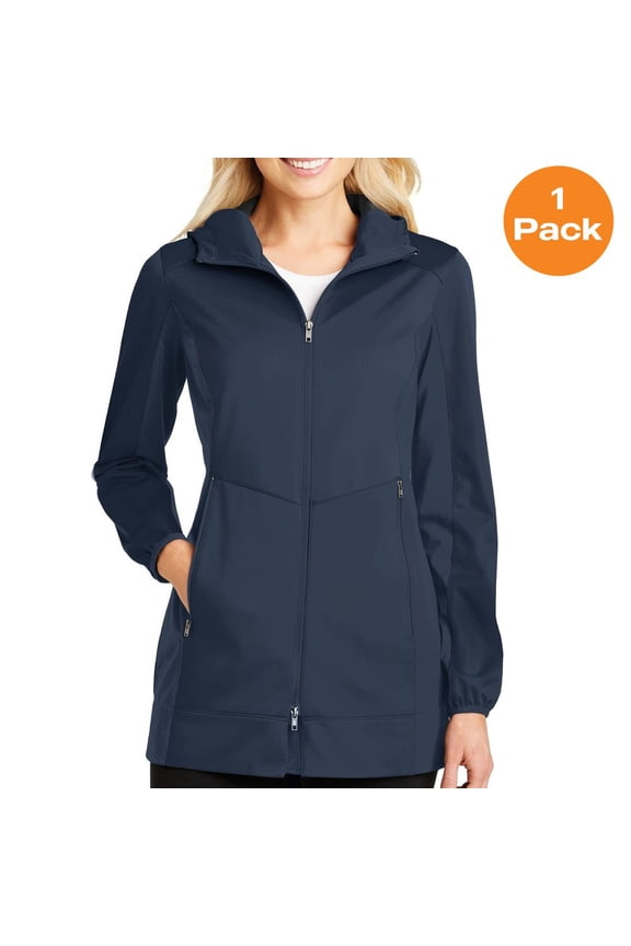 L719 Ladies Active Hooded Soft Shell Jacket, Dress Blue Navy, L, Womens Coats