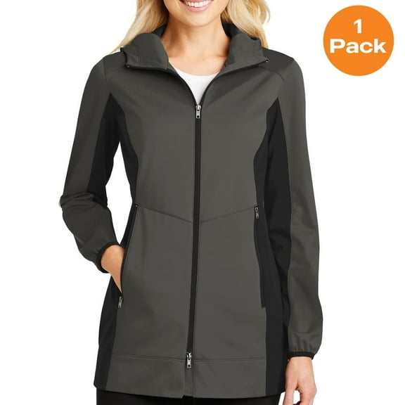 Port Authority L719 Ladies Active Hooded Soft Shell Jacket, Grey Steel/ Deep Black, 4XL, Womens Hoodies