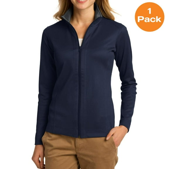 Port Authority L805 Ladies Vertical Texture Full-Zip Jacket, True Navy/ Iron Grey, XS, Womens Workout Tops