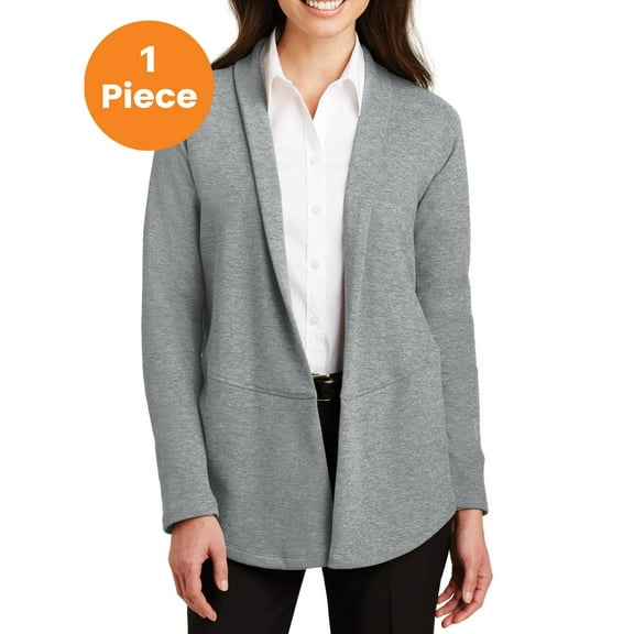 Port Authority L807 Ladies Interlock Cardigan, Medium Heather Grey/ Charcoal Heather, XS, Cardigans for Women