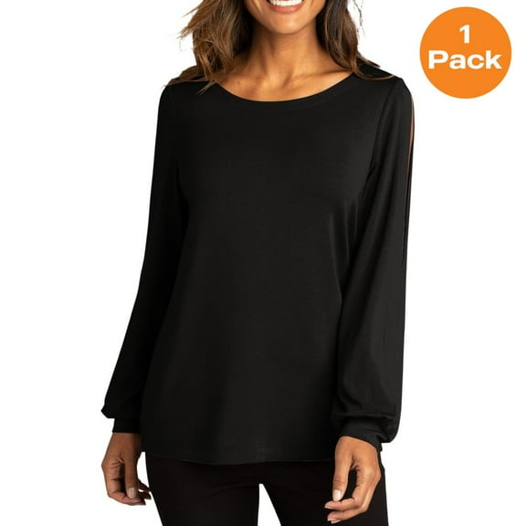 Port Authority LK5600 Ladies Luxe Knit Jewel Neck Top, Deep Black, 4XL, Womens Clothing, Womens Tops