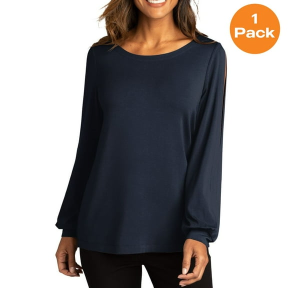 Port Authority LK5600 Ladies Luxe Knit Jewel Neck Top, River Blue Navy, XL, Womens Clothing, Womens Tops