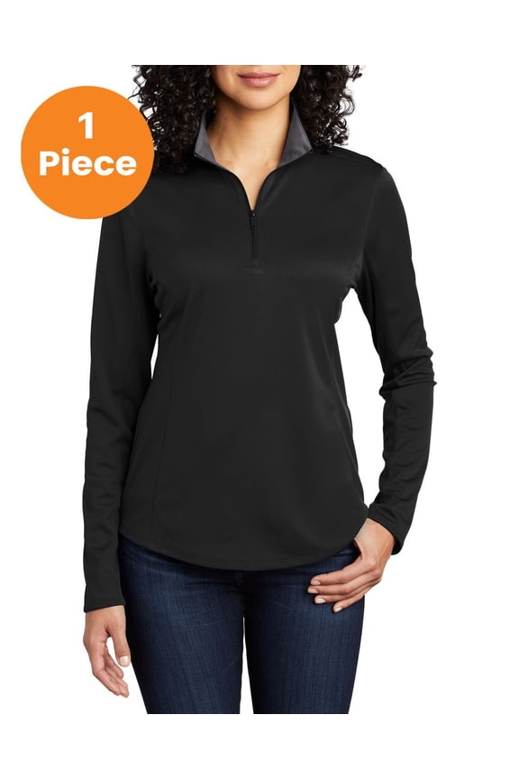 LK584 Ladies Silk Touch Performance 1/4-Zip Pullover, Black/ Steel Grey, 3XL, Womens Activewear