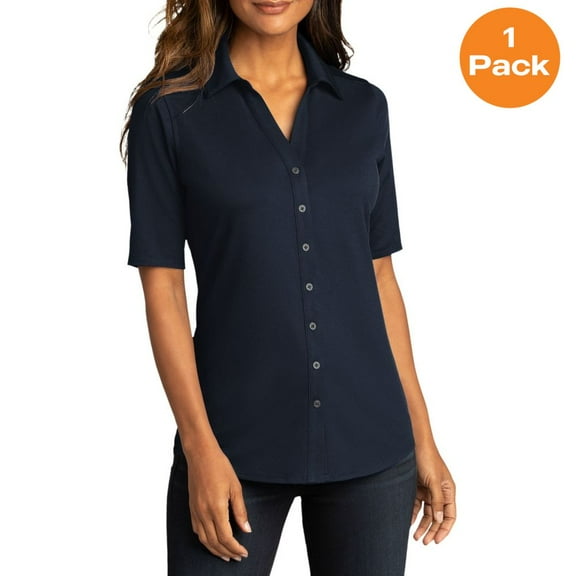 Port Authority LK682 Ladies City Stretch Top, River Blue Navy, S, Womens Button Down Shirts