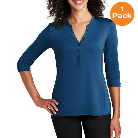 Port Authority LK750 Ladies UV Choice Pique Henley, True Blue, 3XL, Womens Clothing, Womens Tops