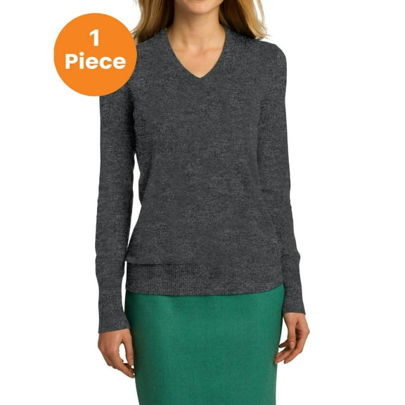 Port Authority LSW285 Ladies V-Neck Sweater, Charcoal Heather, S, Mens Sweaters