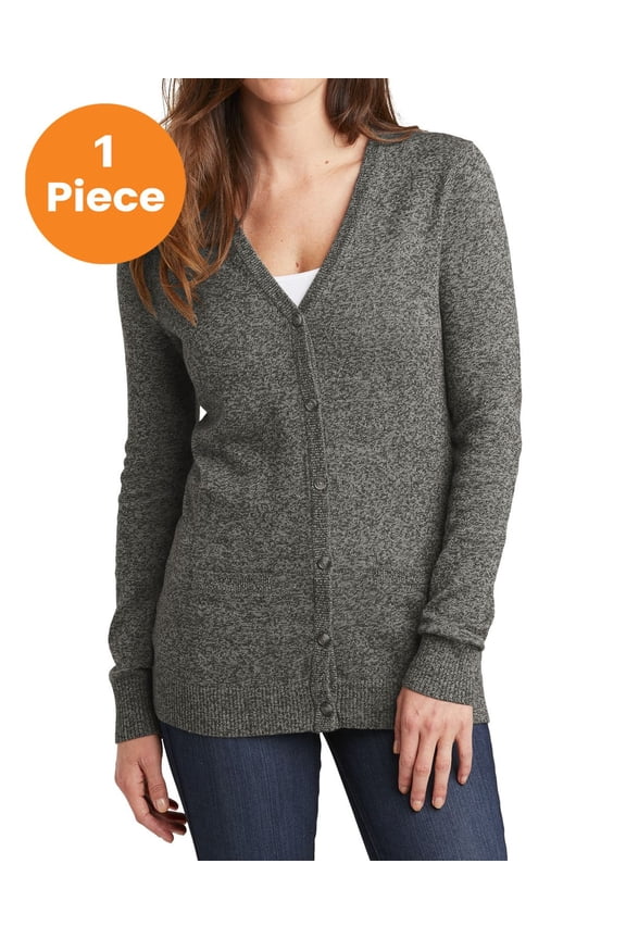LSW415 Ladies Marled Cardigan Sweater, Warm Grey Marl, M, Womens Workwear Sweaters