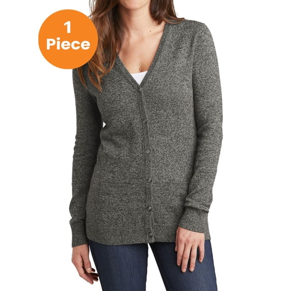 Port Authority LSW415 Ladies Marled Cardigan Sweater, Warm Grey Marl, S, Womens Workwear Sweaters