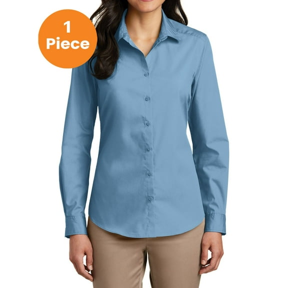 Port Authority LW100 Ladies Long Sleeve Carefree Poplin Shirt, Carolina Blue, XXL, Womens Button Down Shirts