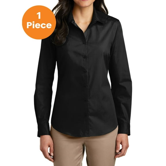 Port Authority LW100 Ladies Long Sleeve Carefree Poplin Shirt, Deep Black, XXL, Womens Button Down Shirts