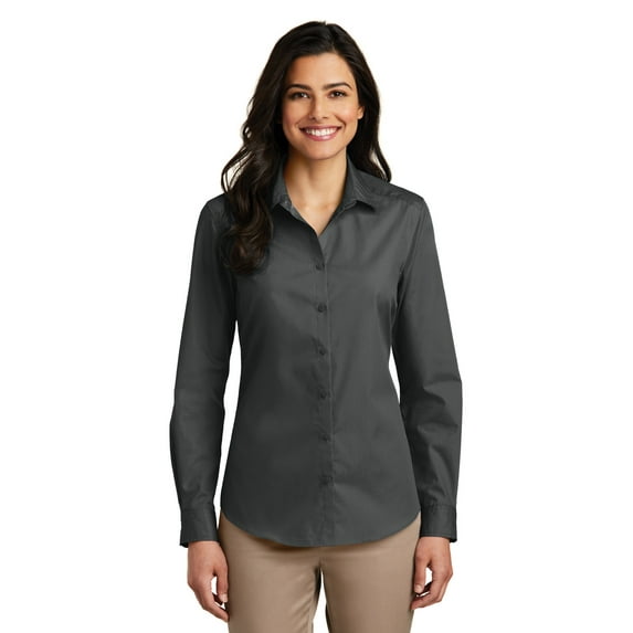 Port Authority LW100 Ladies Long Sleeve Carefree Poplin Shirt, Graphite, 4XL