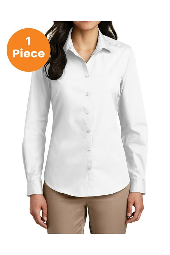 LW100 Ladies Long Sleeve Carefree Poplin Shirt, White, 4XL, Womens Button Down Shirts
