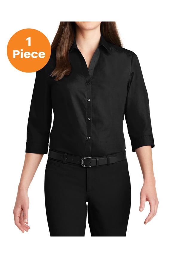 LW102 Ladies 3/4-Sleeve Carefree Poplin Shirt, Deep Black, M, Womens Button Down Shirts