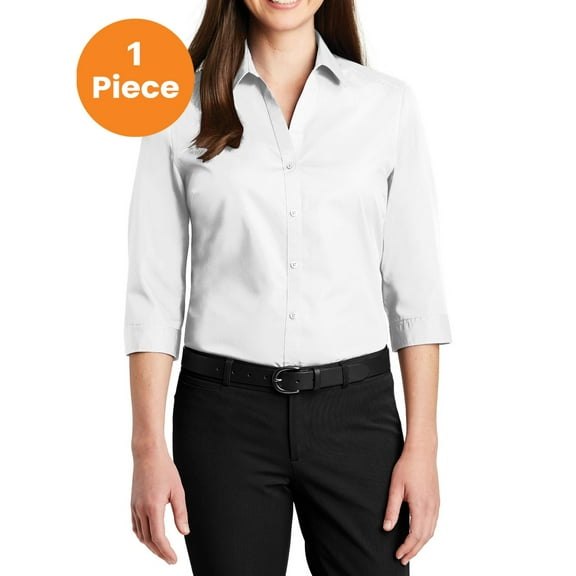 Port Authority LW102 Ladies 3/4-Sleeve Carefree Poplin Shirt, White, M, Womens Button Down Shirts