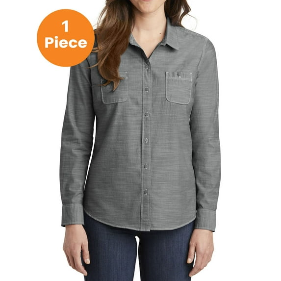 Port Authority LW380 Ladies Slub Chambray Shirt, Grey, S, Womens Tops