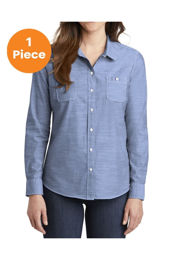 LW380 Ladies Slub Chambray Shirt, Light Blue, M, Womens Tops